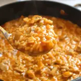 Cuchara sirviendo un delicioso arroz caldoso con pollo y trozos de champiñones.