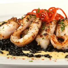 Delicioso arroz negro con calamares a la plancha, adornado con pimientos rojos y perejil.