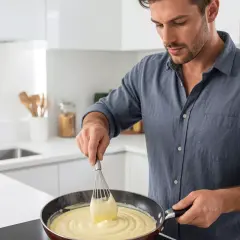 Hombre preparando una deliciosa bechamel receta en una sartén.
