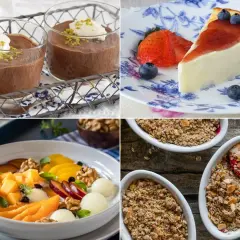 Deliciosos postres saludables: mousse de chocolate, tarta de queso con frutos rojos, ensalada de frutas y crumble de avena.