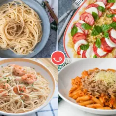 Cuatro platos de pasta: espaguetis con pimienta, ensalada caprese, espaguetis con gambas y penne con atún. Recetas con ingredientes básicos para disfrutar.