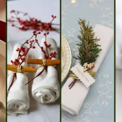 Ideas para hacer servilleteros originales: bordados, ramas con canela, ramitas de pino y anillas decoradas.