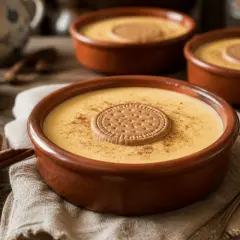 Deliciosas natillas caseras en cuencos de barro, espolvoreadas con canela y coronadas con galleta. Un placer tradicional.