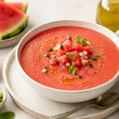 Refrescante gazpacho de sandía, adornado con cubitos de sandía, pepino y menta. Acompañado de rodajas de sandía y aceite de oliva.