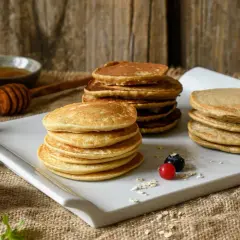 Montón de tortitas de avena doradas, servidas con frutos rojos y miel. Un desayuno perfecto.