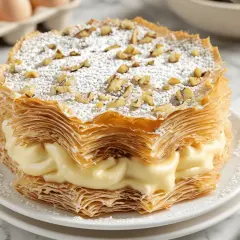 Tarta árabe de capas crujientes rellena de crema pastelera, espolvoreada con azúcar glas y nueces picadas.