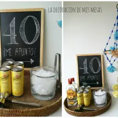 Decoración mesa de bebidas para fiestas: ginebra, tónica, hielo y limón para celebrar los 40. ¡Me apunto!