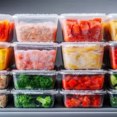 Recipientes apilados con verduras y frutas congeladas. Se puede congelar el pisto para tenerlo listo para cocinar.