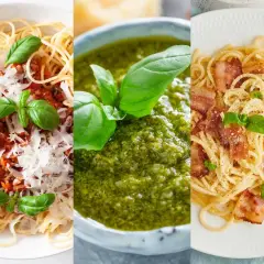Tres deliciosos platos de pasta: boloñesa, pesto y carbonara. Variedad de salsas para pasta.