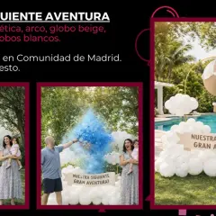 Una familia celebra el **reveal gender** con una explosión de polvo azul. Decoración de globos blancos y un globo aerostático beige crean un ambiente festivo.