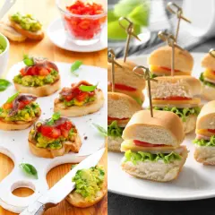 Deliciosos entrantes para un cumpleaños: bruschettas con aguacate y anchoas, y mini hamburguesas con queso y lechuga.