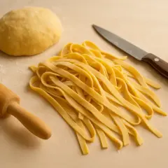Masa de pasta fresca lista para cortar, con rodillo y cuchillo.