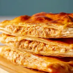 Empanada de atún dorada y crujiente, apilada en tres capas, revela un relleno jugoso y sabroso.