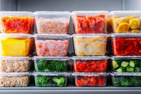 Recipientes apilados con verduras y frutas congeladas. Se puede congelar el pisto para tenerlo listo para cocinar.