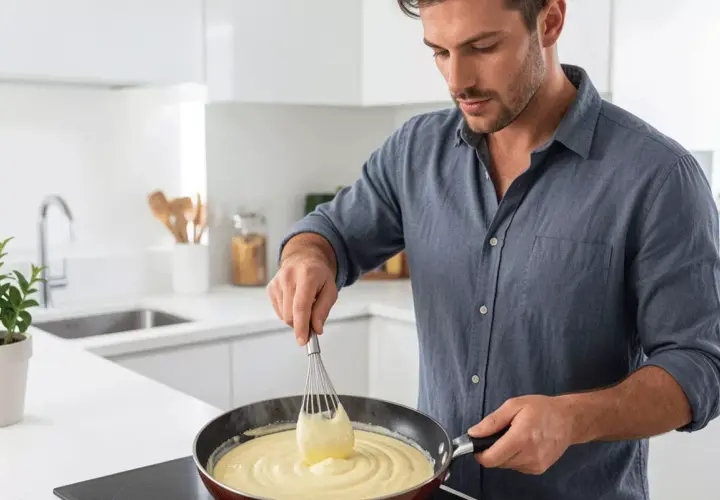 Hombre preparando una deliciosa bechamel receta en una sartén.
