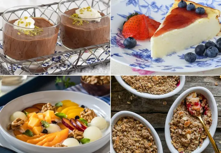 Deliciosos postres saludables: mousse de chocolate, tarta de queso con frutos rojos, ensalada de frutas y crumble de avena.