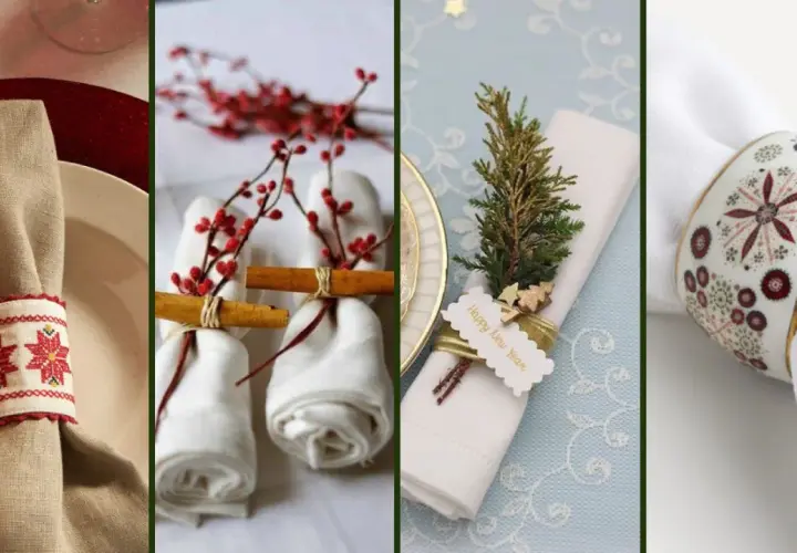 Ideas para hacer servilleteros originales: bordados, ramas con canela, ramitas de pino y anillas decoradas.