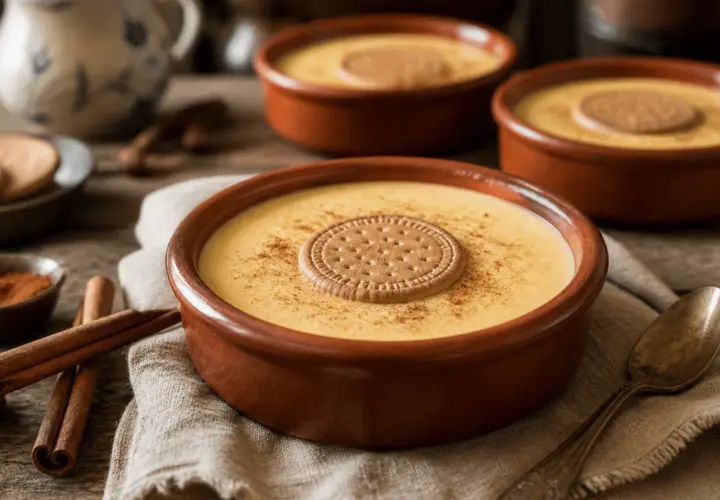 Deliciosas natillas caseras en cuencos de barro, espolvoreadas con canela y coronadas con galleta. Un placer tradicional.