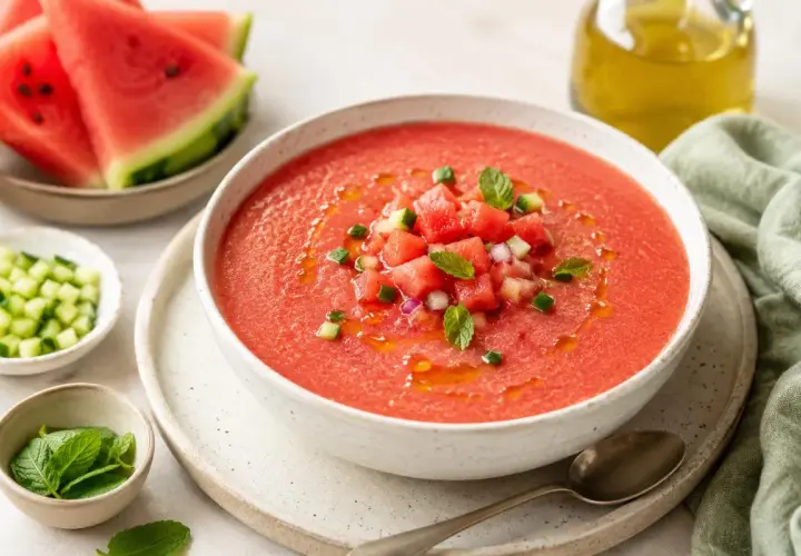 Refrescante gazpacho de sandía, adornado con cubitos de sandía, pepino y menta. Acompañado de rodajas de sandía y aceite de oliva.