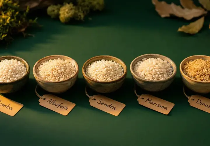 Cinco cuencos con diferentes tipos de arroz, incluyendo arroz Senia o Bomba, sobre fondo verde.