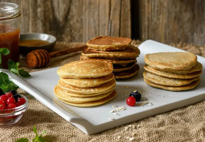 Montón de tortitas de avena doradas, servidas con frutos rojos y miel. Un desayuno perfecto.