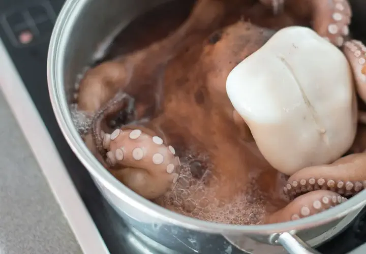 Un pulpo entero se está cociendo en una olla de metal. Sus tentáculos rosados con ventosas visibles se curvan en el agua burbujeante.