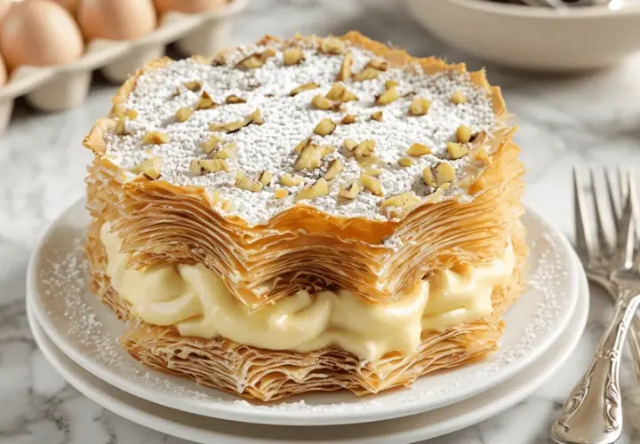 Tarta árabe de capas crujientes rellena de crema pastelera, espolvoreada con azúcar glas y nueces picadas.