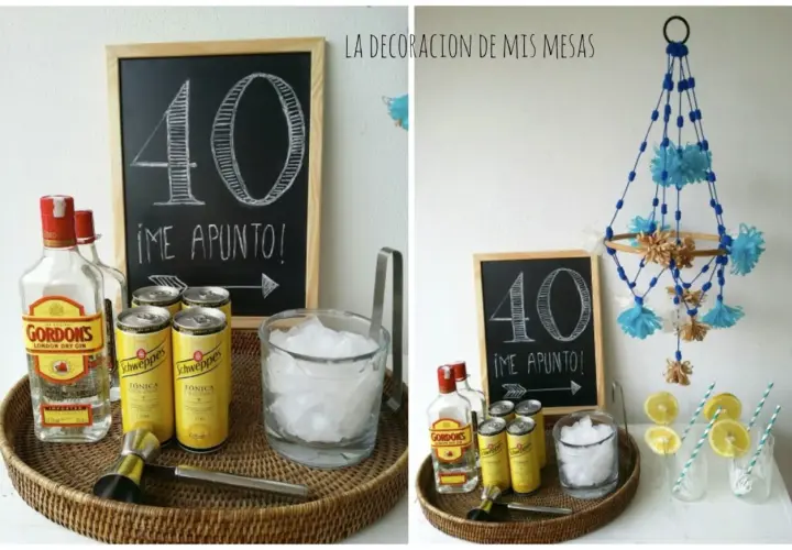 Decoración mesa de bebidas para fiestas: ginebra, tónica, hielo y limón para celebrar los 40. ¡Me apunto!