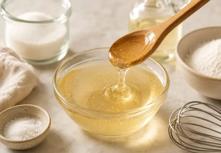 Cuchara de madera vierte jarabe dorado en un bol. Ingredientes para hacer azucar invertida: azúcar, sal, harina y un líquido transparente.