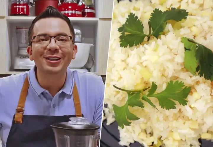 Chef sonríe junto a un plato de arroz con maíz y cilantro. ¡La solución perfecta para un arroz duro y una paella deliciosa!