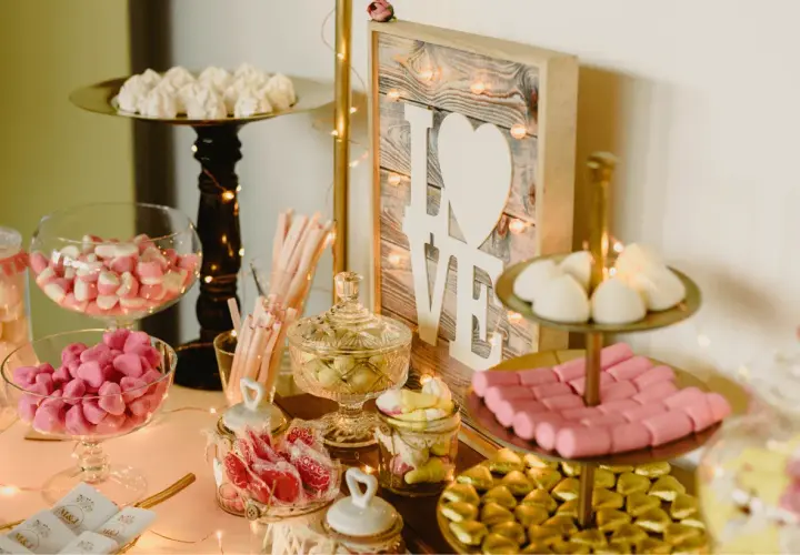 Mesa dulce con dulces variados, malvaviscos, caramelos y un cartel de "LOVE". Un candy bar original para celebrar el amor.