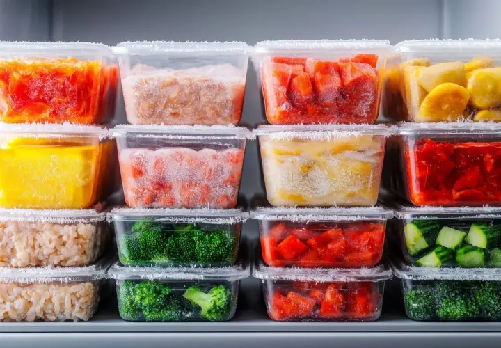 Recipientes apilados con verduras y frutas congeladas. Se puede congelar el pisto para tenerlo listo para cocinar.