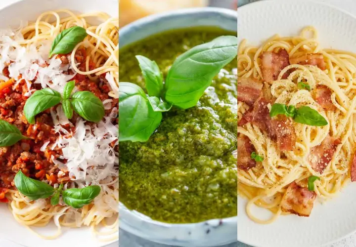 Tres deliciosos platos de pasta: boloñesa, pesto y carbonara. Variedad de salsas para pasta.