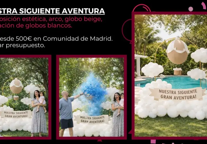 Una familia celebra el **reveal gender** con una explosión de polvo azul. Decoración de globos blancos y un globo aerostático beige crean un ambiente festivo.