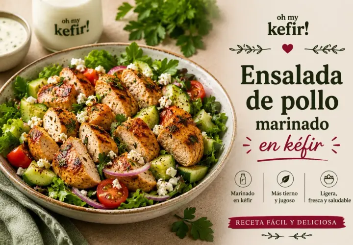 Ensalada de pollo marinado en kéfir, con lechuga, pepino, tomate y queso. Ligera, tierna y jugosa.