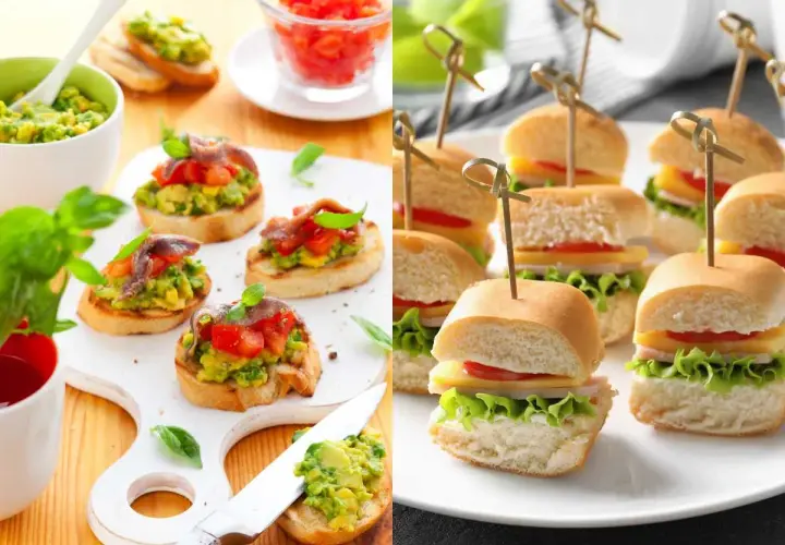 Deliciosos entrantes para un cumpleaños: bruschettas con aguacate y anchoas, y mini hamburguesas con queso y lechuga.