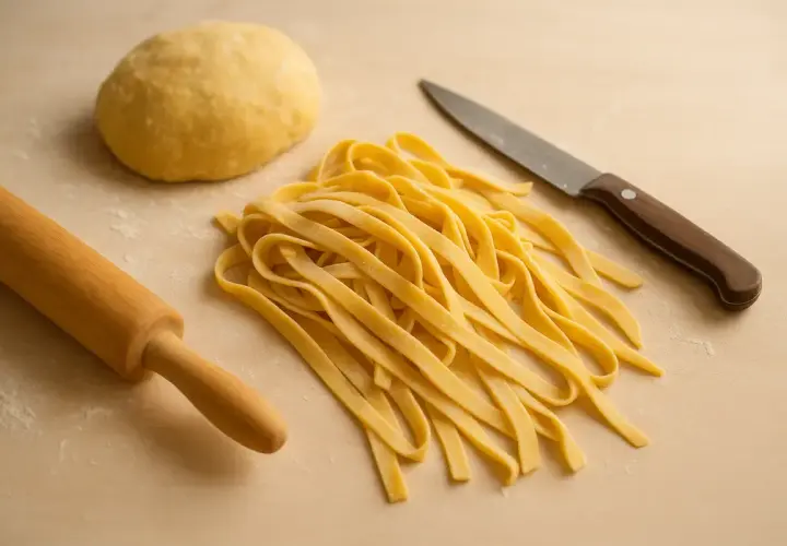 Masa de pasta fresca lista para cortar, con rodillo y cuchillo.