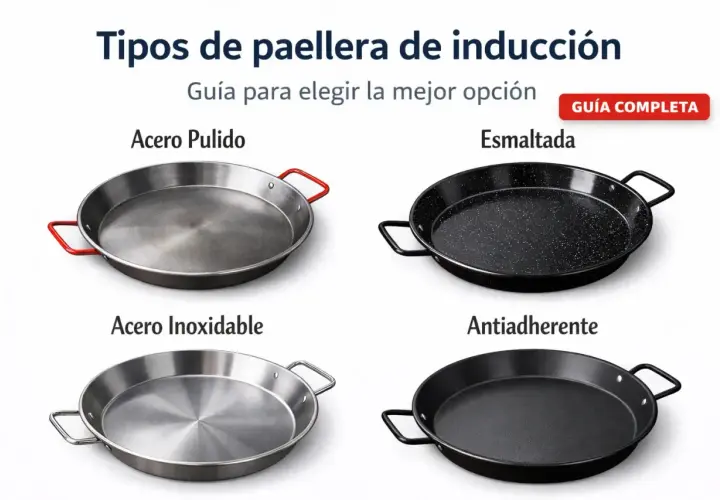 Cuatro tipos de paelleras: acero pulido, esmaltada, acero inoxidable y antiadherente. Elige la ideal para tu cocina de inducción.