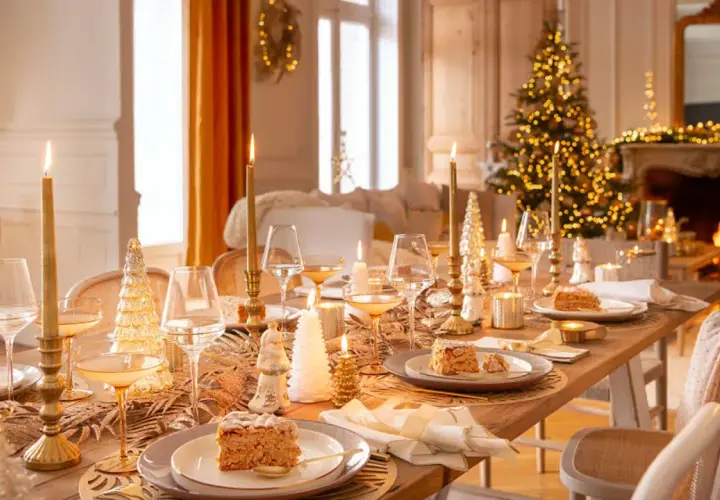 Elegantes mesas decoradas de navidad con velas doradas, copas de champán y postres festivos, creando un ambiente cálido y acogedor.