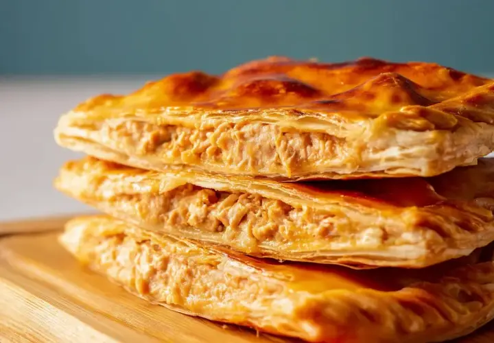 Empanada de atún dorada y crujiente, apilada en tres capas, revela un relleno jugoso y sabroso.