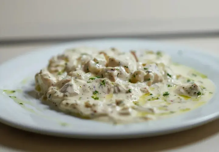 Deliciosa brandada de bacalao cremosa, con perejil picado y un toque de aceite de oliva. Un plato que invita a probar.