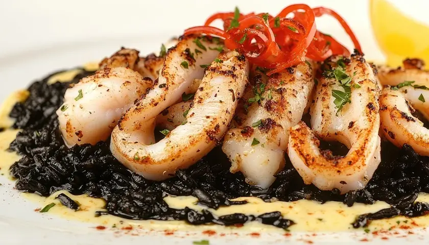 Delicioso arroz negro con calamares a la plancha, adornado con pimientos rojos y perejil.