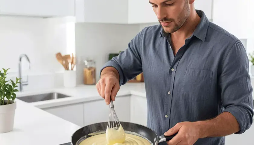 Hombre preparando una deliciosa bechamel receta en una sartén.