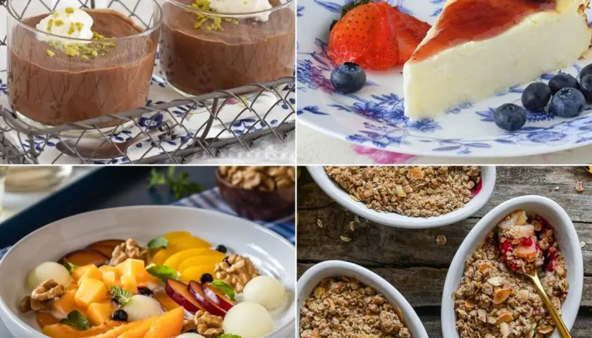 Deliciosos postres saludables: mousse de chocolate, tarta de queso con frutos rojos, ensalada de frutas y crumble de avena.