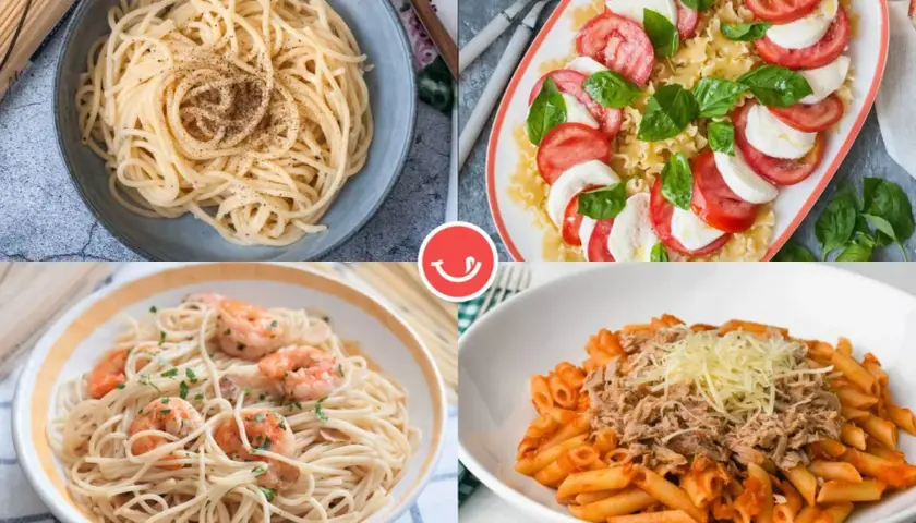 Cuatro platos de pasta: espaguetis con pimienta, ensalada caprese, espaguetis con gambas y penne con atún. Recetas con ingredientes básicos para disfrutar.