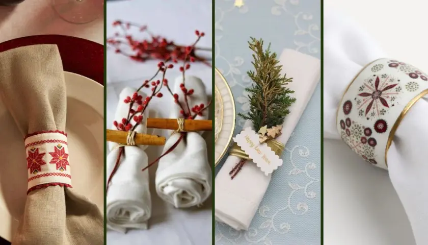 Ideas para hacer servilleteros originales: bordados, ramas con canela, ramitas de pino y anillas decoradas.