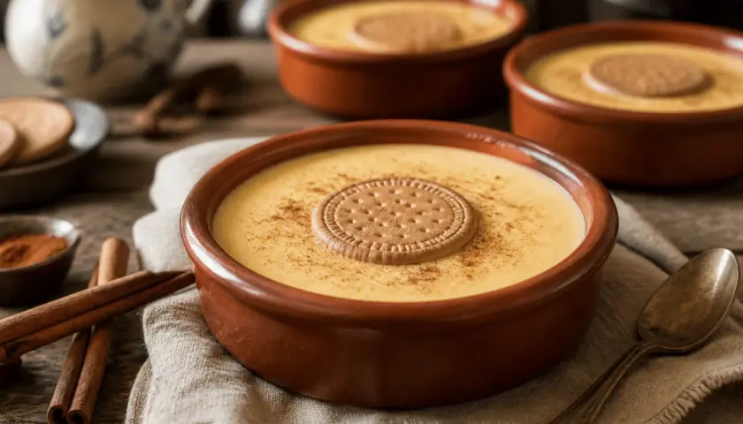 Deliciosas natillas caseras en cuencos de barro, espolvoreadas con canela y coronadas con galleta. Un placer tradicional.