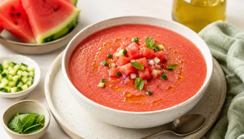 Refrescante gazpacho de sandía, adornado con cubitos de sandía, pepino y menta. Acompañado de rodajas de sandía y aceite de oliva.