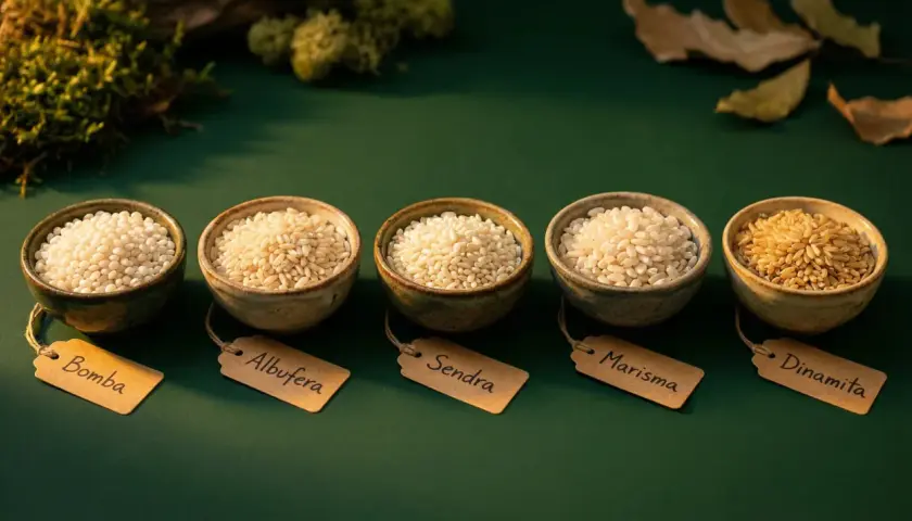 Cinco cuencos con diferentes tipos de arroz, incluyendo arroz Senia o Bomba, sobre fondo verde.