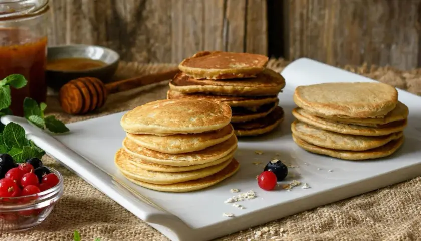 Montón de tortitas de avena doradas, servidas con frutos rojos y miel. Un desayuno perfecto.